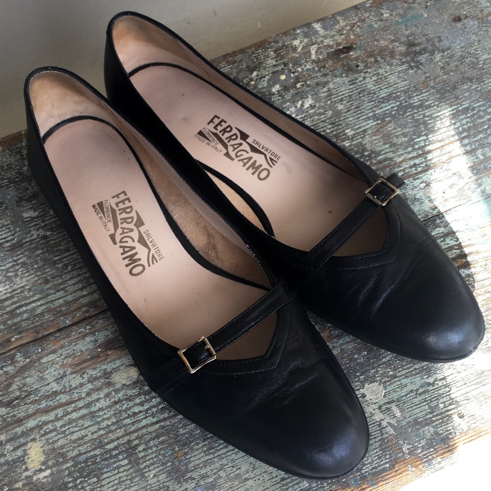 Salvatore Ferragamo Black Leather Mary Jane Flats